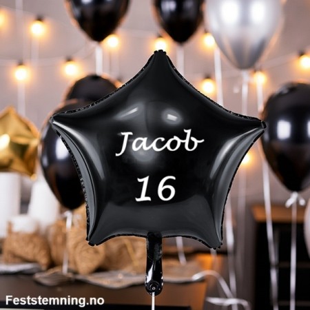 SVART STJERNEFORMET FOLIEBALLONG MED NAVN / ALDER (48 cm)