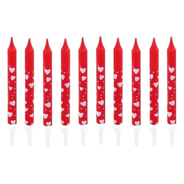 RØDE KAKELYS MED HJERTER (10-pk)