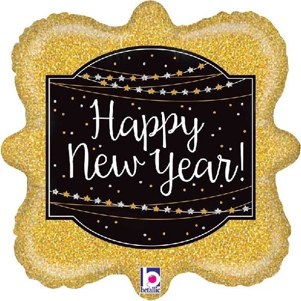 HAPPY NEW YEAR FOLIEBALLONG - GULL OG SVART