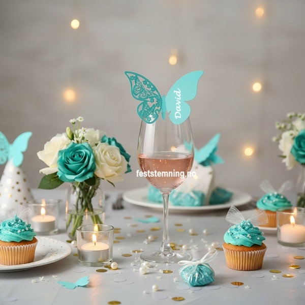 TURKIS SOMMERFUGL BORDKORT  (konfirmasjon, dåp, bryllup, fest)