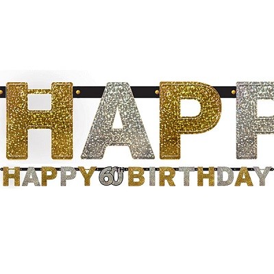 BLACK AND GOLD GLITTER HAPPY 60th BIRTHDAY BANNER